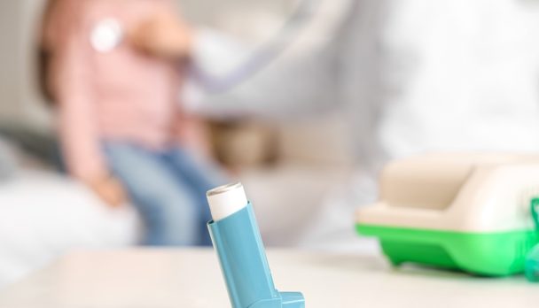 Asthma,Inhaler,On,Table,In,Pediatric,Clinic,,Closeup